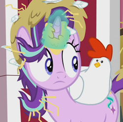 Size: 726x720 | Tagged: safe, screencap, starlight glimmer, bird, chicken, pony, unicorn, g4, harvesting memories, spoiler:harvesting memories, spoiler:mlp friendship is forever, cropped, eye contact, female, hay, looking at each other, looking at someone, magic, mare, messy, sweet apple acres, sweet apple acres barn