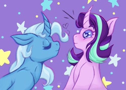 Size: 1200x857 | Tagged: safe, artist:zoobob_, starlight glimmer, trixie, pony, unicorn, g4, curved horn, duo, eyes closed, female, heart, heart eyes, horn, imminent kissing, leaning forward, lesbian, looking at each other, looking at someone, ship:startrix, shipping, surprised, wingding eyes