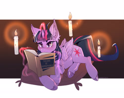 Size: 2742x2160 | Tagged: safe, artist:horriok, twilight sparkle, alicorn, pony, g4, book, candle, ear fluff, female, glowing, glowing horn, high res, homophobia, horn, magic, solo, telekinesis, twilight sparkle (alicorn)