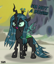 Size: 1520x1816 | Tagged: safe, artist:banquo0, queen chrysalis, changeling, changeling queen, nymph, g4, angry, blatant lies, cute, cutealis, female, filly, filly queen chrysalis, foal, madorable, open mouth, solo, text, young, younger