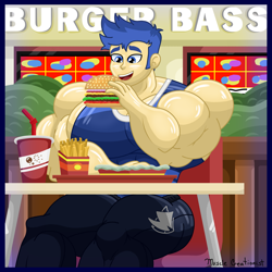 Size: 4500x4500 | Tagged: safe, artist:musclecreationist, flash sentry, human, equestria girls, g4, absurd resolution, burger, drink, drinking straw, flex sentry, food, french fries, hamburger, male, muscles, muscular male, overdeveloped muscles, solo