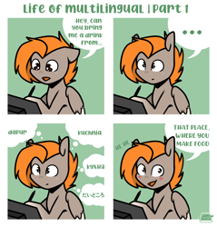 Size: 2894x3031 | Tagged: safe, oc, oc only, oc:caramel, pegasus, pony, ..., blushing, colored wings, colored wingtips, comic, dialogue, freckles, language barrier, looking at you, meme, multilingual, nudity, penis, solo, two toned wings, wings