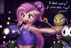 Size: 1125x750 | Tagged: safe, artist:lumineko, fluttershy, pegasus, robot, semi-anthro, g4, alternate hairstyle, arm cannon, arm hooves, blushing, bow, clothes, crying, cute, dress, female, floppy ears, hair bow, high ponytail, mare, mega buster, mega man (series), megamare, open mouth, ponytail, shivering, shyabetes, weapon