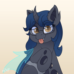 Size: 2704x2704 | Tagged: safe, artist:rivin177, oc, oc only, oc:sweet scribe, changeling, pony, changeling horn, floppy ears, glasses, gradient background, holes, hooves up, horn, looking at you, raised hoof, sharp teeth, sitting, solo, staring at you, teeth, tongue out