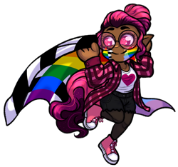 Size: 2118x1982 | Tagged: safe, artist:malinraf1615, oc, oc:venus red heart, human, chibi, clothes, commission, converse, dark skin, elf ears, face paint, female, flannel, glasses, heart, heart eyes, homoromantic, homoromantic pride flag, humanized, humanized oc, pride flag, pride month, shirt, shoes, shorts, simple background, socks, solo, stockings, straight ally flag, t-shirt, tail, tailed humanization, thigh highs, transparent background, wingding eyes, ych result