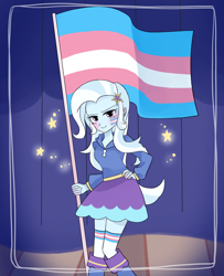 Size: 1300x1600 | Tagged: safe, artist:madokakoaki, trixie, equestria girls, blushing, boots, clothes, curtains, cute, diatrixes, face paint, female, hoodie, pride, pride flag, pride month, shoes, skirt, socks, solo, stage, striped socks, trans female, trans trixie, transgender, transgender pride flag