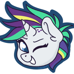 Size: 1000x1000 | Tagged: safe, artist:cadetredshirt, rarity, pony, unicorn, g4, alternate hairstyle, blue eyes, bust, cel shading, chibi, digital art, ear fluff, horn, looking at you, multicolored hair, one eye closed, punk, raripunk, shading, shaved mane, simple background, smiling, solo, transparent background, white coat, wink