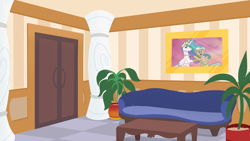 Size: 3840x2160 | Tagged: safe, artist:cadetredshirt, mayor mare, princess celestia, alicorn, earth pony, pony, elements of justice, g4, accessory, background, coffee table, couch, crown, digital art, digital painting, door, excited, glasses, grin, high res, jewelry, looking at you, mulan, necklace, nervous, nervous smile, open mouth, open smile, painting, parody, pillar, plant, pointing, regalia, royalty, shaking hoof, smiling, smiling at you, sunset, sweat, sweatdrop