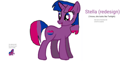 Size: 965x469 | Tagged: safe, oc, oc only, oc:stella, pony, unicorn, base used, bisexual pride flag, happy, looking back, multicolored eyes, multicolored hair, multicolored tail, not twilight sparkle, open mouth, pride, pride flag, purple coat, simple background, solo, tail, text, white background