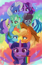 Size: 1500x2312 | Tagged: safe, artist:hierozaki, applejack, bon bon, dj pon-3, lyra heartstrings, octavia melody, rainbow dash, starlight glimmer, sweetie drops, trixie, twilight sparkle, vinyl scratch, alicorn, earth pony, pegasus, pony, unicorn, g4, abstract background, applejack's hat, bisexual pride flag, bust, clenched fist, colored pinnae, cowboy hat, ear fluff, ear piercing, earring, eyelashes, eyeshadow, female, flag, front view, gay pride flag, glasses, glowing, glowing horn, grin, hand, hat, horn, jewelry, lesbian, lesbian pride flag, lidded eyes, looking at each other, looking at someone, looking at you, magic, magic hands, makeup, mare, mouth hold, music notes, piercing, ponytail, portrait, pride, pride flag, pride month, profile, rainbow, rainbow flag, ship:appledash, ship:lyrabon, ship:scratchtavia, ship:startrix, shipping, smiling, smiling at each other, smiling at you, sparkles, spread wings, stars, teeth, tied mane, trans trixie, transgender, transgender pride flag, twilight sparkle (alicorn), vinyl's glasses, wall of tags, wings