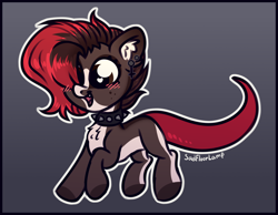Size: 2484x1932 | Tagged: safe, artist:sadfloorlamp, oc, oc:torsher, gecko, hybrid, lizard, original species, pony, beautiful, blushing, brown eyes, chibi, choker, collar, colored, countershading, cute, digital art, ear fluff, ear piercing, earring, eyelashes, fangs, female, full body, fur, gradient background, gray background, heart, heart eyes, high res, jewelry, looking sideways, looking to the left, mare, multicolored hair, multicolored mane, open mouth, outline, piercing, quadrupedal, raised hoof, raised hooves, red hair, red mane, red tail, signature, smiling, solo, spiked choker, spiked collar, tail, white outline, wingding eyes