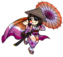 Size: 2652x2377 | Tagged: safe, artist:malinraf1615, oc, oc only, oc:ohasu, human, asian conical hat, chibi, clothes, commission, eye scar, eyepatch, face paint, facial scar, female, hat, high res, humanized, humanized oc, japanese, katana, kimono (clothing), lesbian pride flag, pride, pride flag, pride month, sandals, scar, simple background, socks, solo, straw hat, sword, tail, tailed humanization, transparent background, umbrella, weapon, ych result