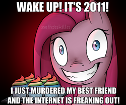 Size: 3000x2500 | Tagged: safe, artist:zeffdakilla, pinkie pie, earth pony, pony, fanfic:cupcakes, g4, 2011, bust, caption, crazy face, creepy, cupcake, faic, female, food, grin, high res, horse meat, implied murder, implied rainbow dash, insanity, looking at you, mare, meat, pinkamena diane pie, red background, simple background, sinister smile, smiling, smiling at you, solo, text, tray, wake up