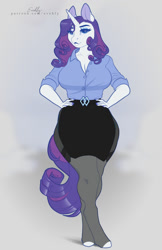 Size: 713x1100 | Tagged: safe, artist:evehly, rarity, unicorn, anthro, unguligrade anthro, g4, belt, big breasts, breasts, busty rarity, cleavage, clothes, cute, eyeshadow, female, gray background, grin, hand on hip, lipstick, makeup, mare, raribetes, shirt, simple background, skirt, smiling, socks, solo, stockings, thigh highs