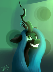 Size: 642x867 | Tagged: safe, artist:tyleks, queen chrysalis, changeling, changeling queen, g4, female, smiling, solo