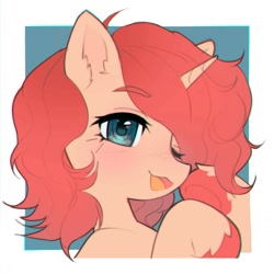 Size: 1519x1520 | Tagged: safe, artist:astralblues, oc, oc only, pony, unicorn, ;3, blushing, bust, colored eyebrows, colored hooves, ear fluff, eyebrows, eyebrows visible through hair, female, hoof over mouth, looking at you, mare, one eye closed, open mouth, open smile, passepartout, portrait, smiling, smiling at you, solo, unshorn fetlocks, wink, winking at you