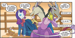 Size: 618x315 | Tagged: safe, idw, official comic, discord, rarity, draconequus, pony, unicorn, g4, my little pony classics reimagined: little fillies, spoiler:comic, basket, breaking the fourth wall, clothes, dress, fence