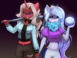 Size: 2178x1650 | Tagged: safe, artist:astralblues, oc, oc only, unicorn, anthro, baseball bat, clothes, duo, female, holding hands, jacket, midriff, orb, pants, ripped pants, torn clothes, varsity jacket