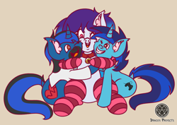 Size: 3508x2480 | Tagged: safe, artist:draconightmarenight, oc, oc only, oc:anykoe, oc:dial liyon, oc:meem, earth pony, pony, unicorn, bell, bell collar, clothes, collar, colored sketch, ear fluff, group hug, happy, high res, hug, hugging a pony, monthly reward, simple background, sketch, smiling, socks, striped socks, tan background, trio