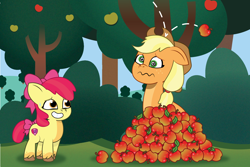 Size: 1800x1200 | Tagged: safe, artist:prixy05, apple bloom, applejack, earth pony, pony, g4, g5, my little pony: tell your tale, apple, apple bloom's bow, apple sisters, apple tree, applejack's hat, bonk, bow, cowboy hat, dizzy, duo, duo female, female, filly, foal, food, freckles, g4 to g5, generation leap, grin, hair bow, hat, mare, nervous, nervous smile, oops, pale belly, siblings, sisters, smiling, swirly eyes, tree, unshorn fetlocks