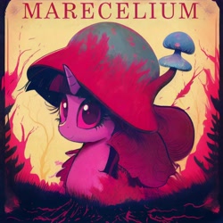 Size: 8192x8192 | Tagged: safe, ai assisted, ai content, editor:vultraz, prompter:vultraz, twilight sparkle, mushroom pony, original species, pony, unicorn, g4, album cover, female, horn, looking at you, mare, mushroom, smiling, solo, text, unicorn twilight