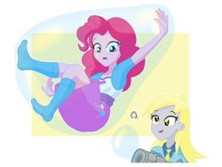 Size: 4160x3120 | Tagged: safe, artist:anglin296, derpy hooves, pinkie pie, human, equestria girls, g4, bubble, duo, eyebrows, female, frown, high res, in bubble, missing shoes, open mouth, open smile, smiling, soap bubble, trapped