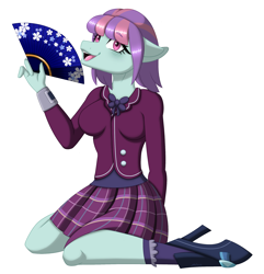 Size: 2413x2500 | Tagged: safe, artist:melodytheartpony, sunny flare, anthro, g4, blushing, bow, clothes, commission, eyelashes, fan, female, hand behind back, hand fan, high heels, high res, looking at you, plaid skirt, shirt, shoes, signature, simple background, sitting, skirt, smiling, solo, uniform, white background
