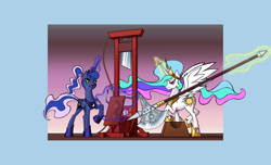 Size: 2928x1780 | Tagged: artist needed, safe, princess celestia, princess luna, alicorn, pony, g4, axe, chopping block, duo, execution, female, glowing, glowing horn, guillotine, horn, jewelry, levitation, magic, mare, melee weapon, ponytail, straps, telekinesis, weapon