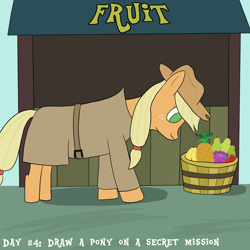 Size: 2000x2000 | Tagged: safe, artist:khazard, applejack, earth pony, pony, g4, atg 2023, basket, clothes, female, fruit stand, high res, newbie artist training grounds, solo, trenchcoat
