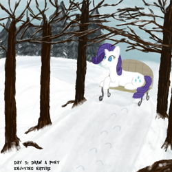 Size: 2000x2000 | Tagged: safe, artist:khazard, rarity, pony, unicorn, g4, atg 2023, bench, female, forest, high res, newbie artist training grounds, snow, solo, tree, winter