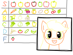 Size: 1200x900 | Tagged: safe, artist:purblehoers, applejack, earth pony, pony, g4, apple, broccoli, cabbage, carrot, cauliflower, celery, cherry, corn, cucumber, doodle, female, food, grapes, hay, looking at you, mare, ms paint, onion, open mouth, orange, peach, peanuts, pear, pepper, potato, raspberry, simple background, smiling, solo, strawberry, streamer, talking, that pony sure does hate strawberries, that pony sure does love apples, tier list, tomato, tongue out, white background