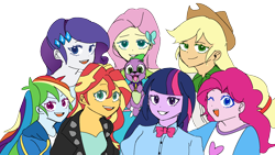 Size: 1920x1080 | Tagged: safe, artist:calibykitty, artist:metaruscarlet, applejack, fluttershy, pinkie pie, rainbow dash, rarity, spike, sunset shimmer, twilight sparkle, dog, human, equestria girls 10th anniversary, equestria girls, g4, bowtie, clothes, collaboration, colored, colored pupils, group photo, humane five, humane seven, humane six, simple background, smiling, spike the dog, transparent background