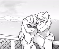 Size: 3000x2500 | Tagged: safe, artist:captainhoers, oc, oc only, oc:advilion, oc:venseyness, kirin, pony, unicorn, clothes, duo, grayscale, high res, hoodie, hoof around neck, kirin oc, lidded eyes, looking at you, monochrome, posing for photo, smiling, smiling at you, sunglasses