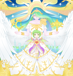 Size: 2345x2452 | Tagged: source needed, safe, artist:hjfbjyfgjyt, princess celestia, spike, human, g4, crown, cute, dragon wings, duo, duo male and female, eye clipping through hair, eyebrows, eyebrows visible through hair, eyes closed, female, high res, humanized, jewelry, male, momlestia, regalia, winged humanization, wings