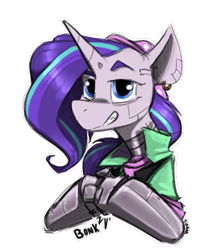 Size: 903x1035 | Tagged: safe, artist:sinrar, starlight glimmer, cyborg, pony, unicorn, g4, beanie, clothes, cybernetic legs, ear piercing, earring, hat, jacket, jewelry, piercing, simple background, solo, transparent background