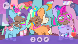 Size: 2160x1215 | Tagged: safe, screencap, cherry prancer, feather clips, glory (g5), peach fizz, seashell (g5), earth pony, pegasus, pony, unicorn, bridlewoodstock (tell your tale), g5, my little pony: tell your tale, spoiler:g5, spoiler:my little pony: tell your tale, spoiler:tyts01e55, about to cry, bow, bracelet, eyes closed, female, filly, flower, flower in hair, foal, frown, glasses, glowstick, gritted teeth, heart shaped glasses, jewelry, mud, mud mask, necklace, pinpoint eyes, pippsqueak trio, pippsqueaks, sticker, tail, tail bow, teary eyes, teeth, trio, trio female, wavy mouth, wiping