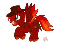 Size: 1125x850 | Tagged: safe, artist:firehearttheinferno, derpibooru exclusive, oc, oc only, oc:lance longmane, hybrid, pegasus, pony, wolf, wolf pony, blaze (coat marking), clothes, coat markings, cowboy hat, dashite, ear fluff, ear tufts, facial hair, facial markings, fallout equestria oc, fangs, flapping, flying, full body, goatee, grin, happy, hat, heart, hooves, jacket, leather, leather jacket, looking at something, male, male oc, multicolored hair, multicolored mane, orange eyes, red coat, red mane, red wings, redraw, sharp teeth, show accurate, simple background, smiling, solo, spoiler, spread wings, stallion, stallion oc, teeth, transparent background, unshorn fetlocks, vector, watermark, wings
