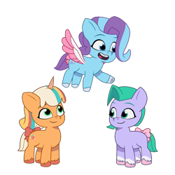 Size: 1466x1466 | Tagged: safe, artist:caseyben887, glory (g5), peach fizz, seashell (g5), earth pony, pegasus, pony, unicorn, g5, my little pony: tell your tale, spoiler:g5, spoiler:my little pony: tell your tale, bow, female, filly, flying, foal, pippsqueak trio, pippsqueaks, simple background, smiling, spread wings, tail, tail bow, transparent background, trio, trio female, wings