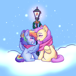 Size: 1280x1280 | Tagged: safe, artist:plushieefeelfeelings, fluttershy, rainbow dash, pegasus, pony, g4, blushing, boop, clothes, cute, dashabetes, duo, ear blush, eyes closed, female, grin, lamppost, lesbian, mare, missing cutie mark, noseboop, scarf, shared clothing, shared scarf, ship:flutterdash, shipping, shyabetes, sitting, smiling, snow, snowfall, spread wings, wings, wreath