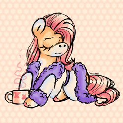 Size: 2000x2000 | Tagged: safe, artist:chronomel, fluttershy, pegasus, pony, g4, abstract background, bathrobe, clothes, cute, eyes closed, female, high res, lying down, mare, mug, prone, robe, shyabetes, smiling, solo
