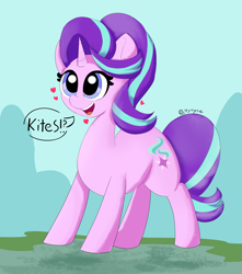 Size: 3000x3400 | Tagged: safe, artist:hymyt2, starlight glimmer, pony, unicorn, g4, cute, female, glimmerbetes, happy, heart, high res, kite, looking up, mare, open mouth, open smile, signature, simple background, smiling, solo, talking, text, that pony sure does love kites