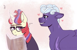 Size: 2048x1341 | Tagged: safe, artist:hahyh, moondancer, rolling thunder, pegasus, pony, unicorn, g4, ..., book, crush, duo, duo female, eye scar, facial scar, female, floating heart, glasses, heart, horn, lesbian, levitation, looking at each other, looking at someone, magic, mare, moonthunder, scar, shipping, smiling, telekinesis, wings