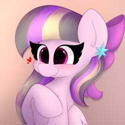 Size: 2048x2048 | Tagged: safe, artist:petaltwinkle, oc, oc only, oc:petal twinkle, pegasus, pony, bow, bust, ear piercing, earring, female, gradient background, hair bow, heart, high res, jewelry, mare, piercing, smiling, solo
