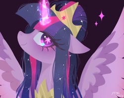 Size: 1024x810 | Tagged: safe, artist:petaltwinkle, twilight sparkle, alicorn, pony, g4, the last problem, alternate hairstyle, black background, blushing, bust, crown, cutie mark eyes, ethereal mane, female, glowing, glowing horn, hair bun, horn, jewelry, mare, older, older twilight, older twilight sparkle (alicorn), peytral, princess twilight 2.0, regalia, signature, simple background, smiling, solo, spread wings, starry mane, twilight sparkle (alicorn), wingding eyes, wings