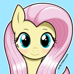 Size: 512x512 | Tagged: safe, ai assisted, ai content, artist:flutterlover5, fluttershy, pegasus, pony, g4, adorable face, ai interpretation, big eyes, blue background, blushing, bust, cute, cyan background, detailed, digital art, female, icon, looking at you, mare, outline, pink hair, portrait, redraw, reference in the description, reference used, shading, shy, shyabetes, simple background, smiling, smiling at you, solo, watermark