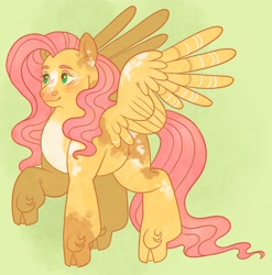 Size: 2550x2580 | Tagged: safe, artist:fizzmitz, fluttershy, pegasus, pony, g4, cloven hooves, coat markings, female, green background, high res, hoof fluff, mare, simple background, smiling, solo, spread wings, wings