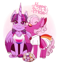 Size: 2528x2789 | Tagged: safe, artist:hahyh, cheerilee, twilight sparkle, alicorn, classical unicorn, earth pony, pony, unicorn, g4, bisexual pride flag, blushing, bouquet, cheek kiss, chest fluff, clothes, cloven hooves, cute, cute little fangs, dress, eyes closed, eyeshadow, fangs, female, flower, high res, horn, kissing, leonine tail, lesbian, lesbian pride flag, lipstick, long horn, makeup, mare, pride, pride flag, pride month, ship:cheerilight, shipping, shirt, simple background, sitting, skirt, slit pupils, twilight sparkle (alicorn), unshorn fetlocks, white background