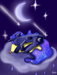 Size: 3000x4000 | Tagged: safe, artist:katy_moonlight, princess luna, alicorn, pony, g4, crescent moon, eyes closed, freckles, moon, night, shooting star, sleeping, solo, stars