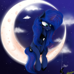 Size: 4000x4000 | Tagged: safe, artist:ser-p, princess luna, ambiguous race, pony, g4, absurd resolution, crescent moon, dreamworks, female, fishing, fishing hook, fishing rod, hook, magic, mare, moon, night, night sky, sky, sky background, solo, stars, tangible heavenly object