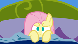 Size: 3000x1687 | Tagged: safe, artist:wissle, fluttershy, pegasus, pony, do princesses dream of magic sheep, g4, season 5, anxiety, atg 2023, bed, bedsheets, female, hiding, mare, newbie artist training grounds, oh no, scared, solo